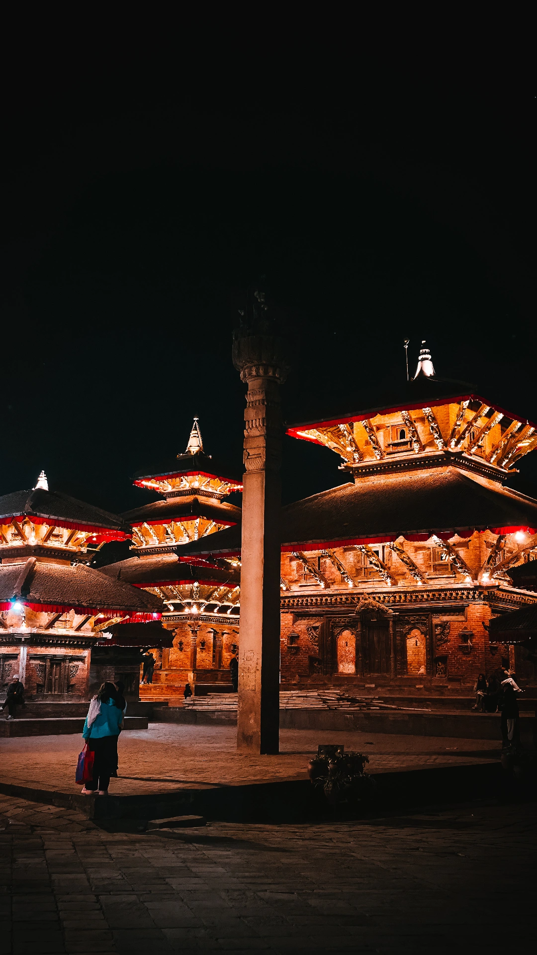 Kathmandu Durbar Square temples lit up at night